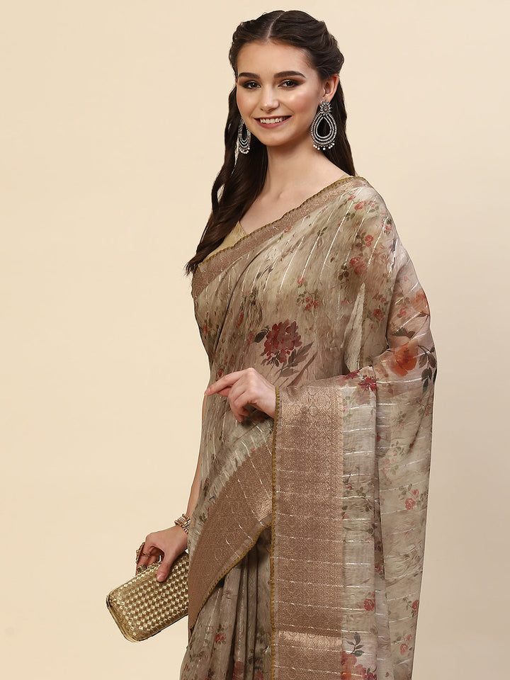 Digital Floral Printed Sequin Cotton Saree