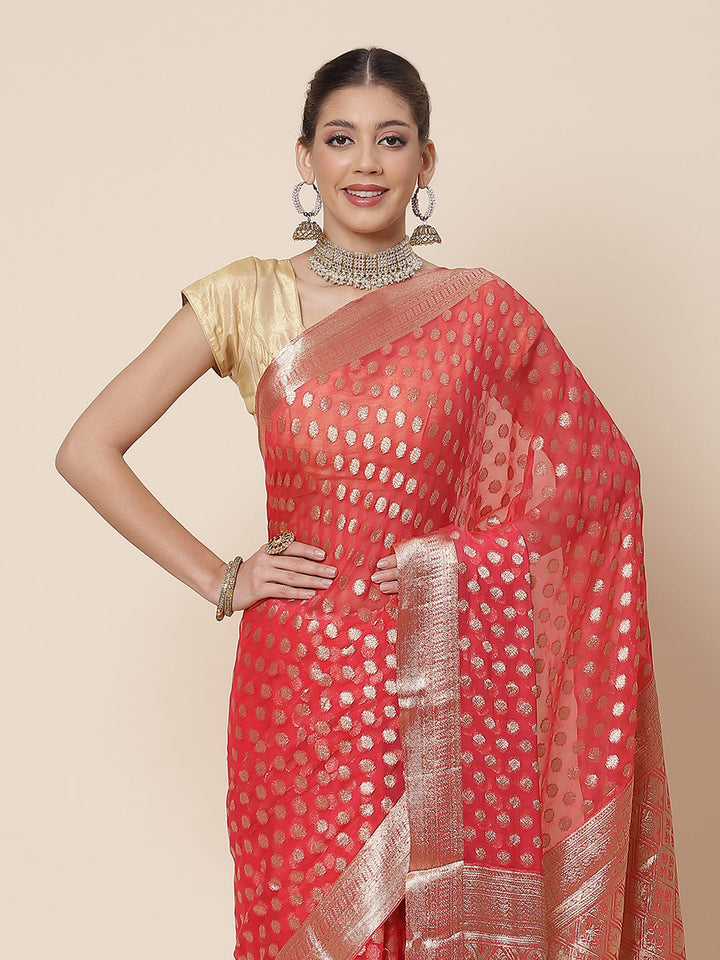 Zari Border Booti Chiffon Plain Saree