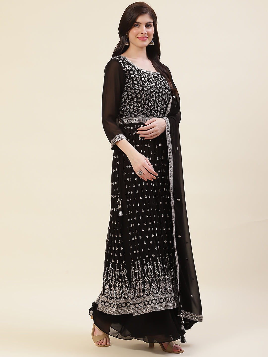 Zari Embroidered Booti Georgette Kurta With Palazzo &amp; Dupatta
