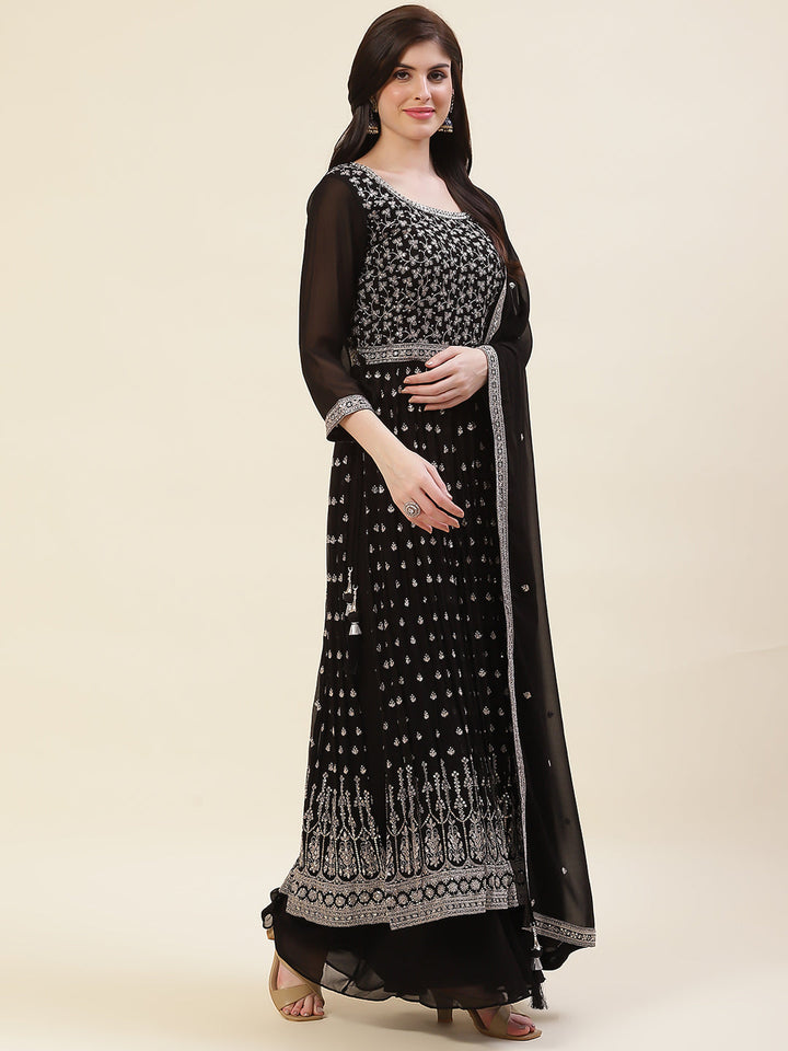 Zari Embroidered Booti Georgette Kurta With Palazzo &amp; Dupatta
