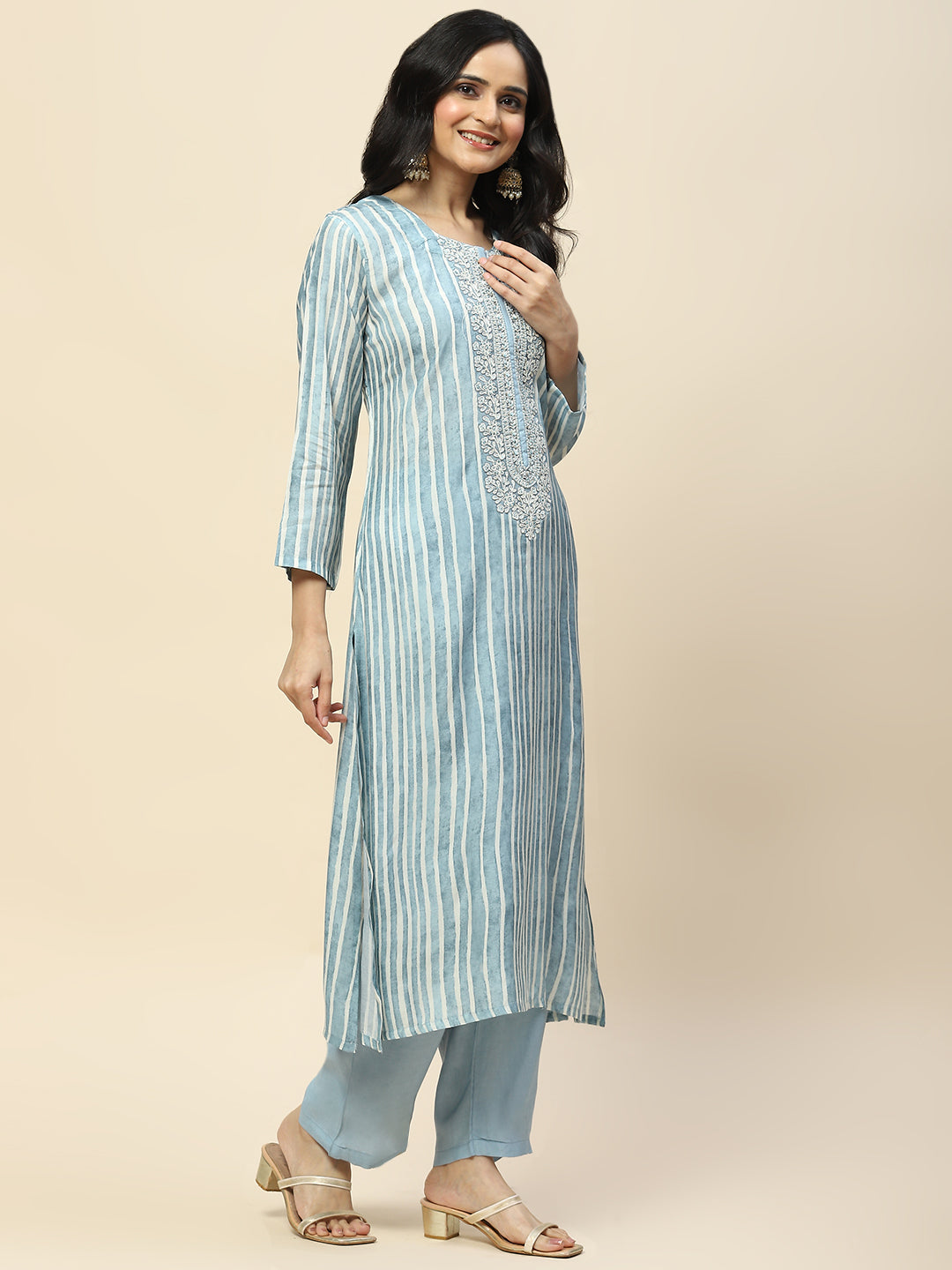 Neck Embroidered Printed Cotton Straight Kurta With Palazzo