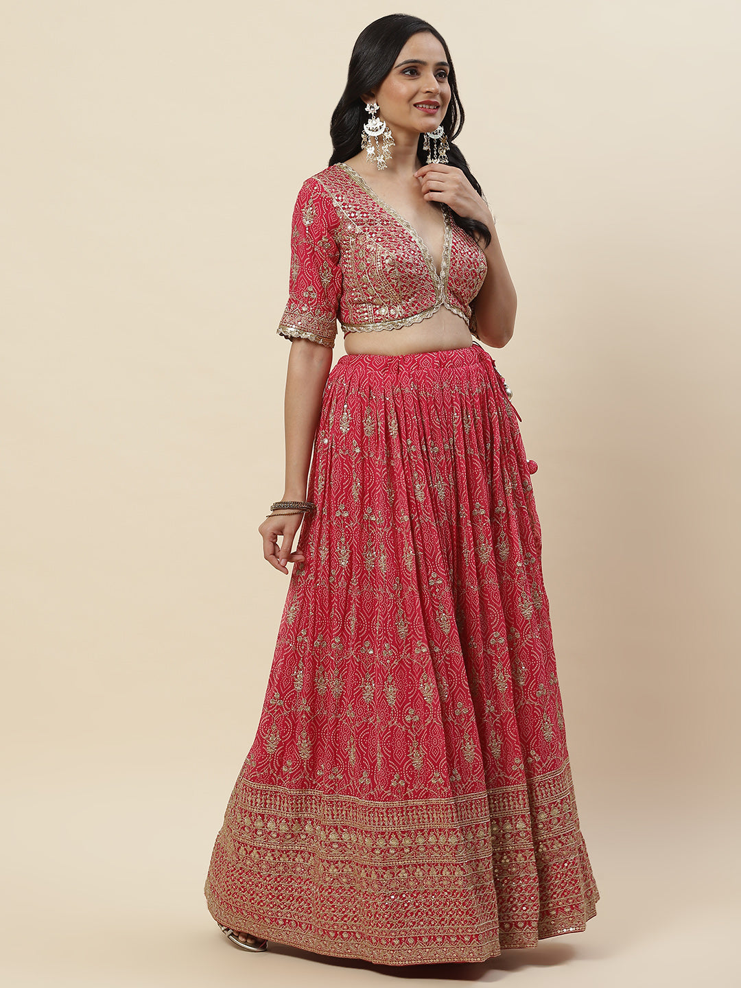 Zari Booti Embroidered Georgette Choli With Lehenga &amp; Dupatta