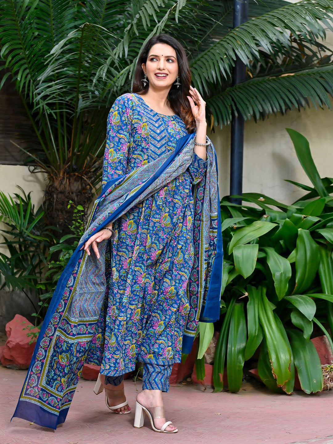 Floral Printed Cotton Kurta With Pants &amp; Dupatta