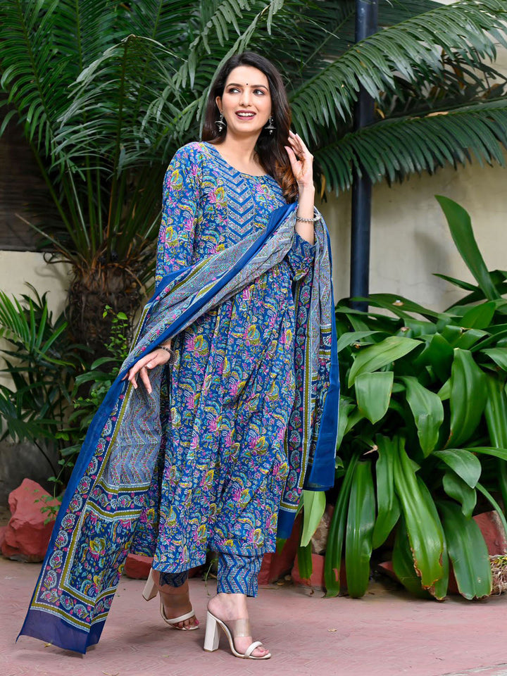 Floral Printed Cotton Kurta With Pants &amp; Dupatta