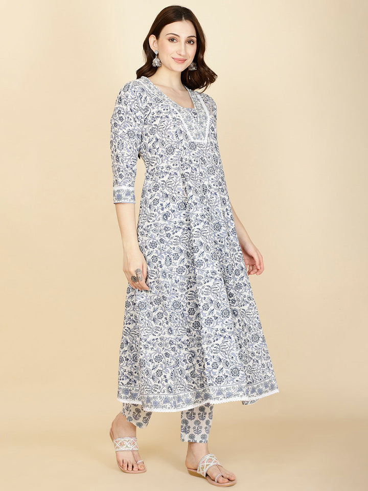 Floral Printed Cotton Kurta With Pants &amp; Dupatta