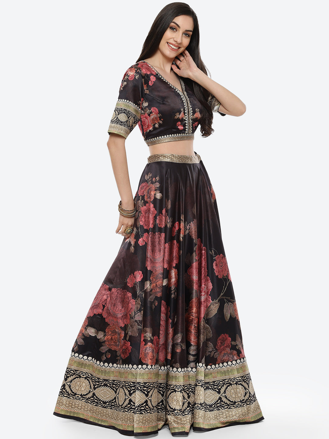 Floral Printed Satin Choli With Lehenga &amp; Net Dupatta
