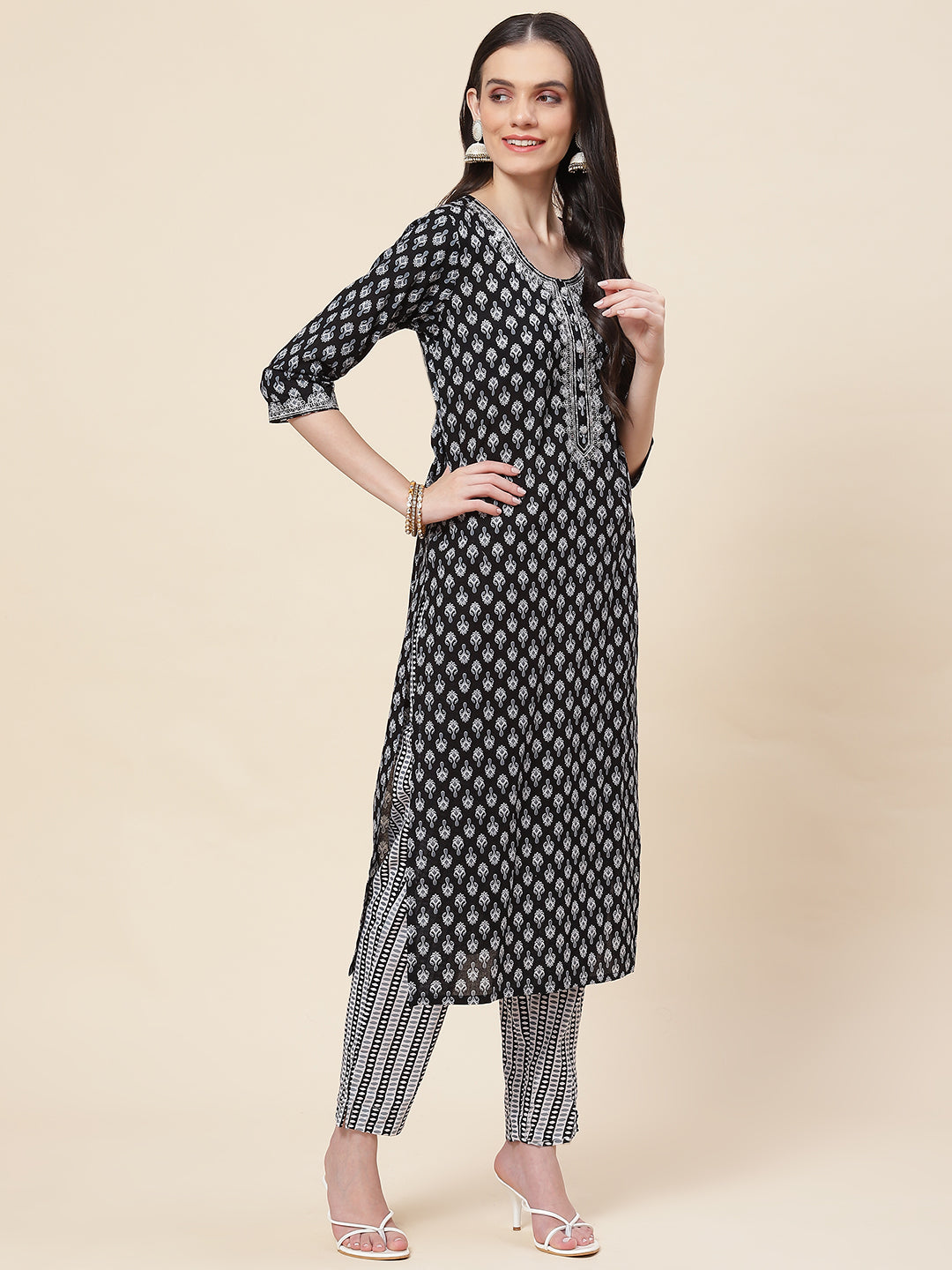 Printed Cotton Kurta With Pants &amp; Dupatta