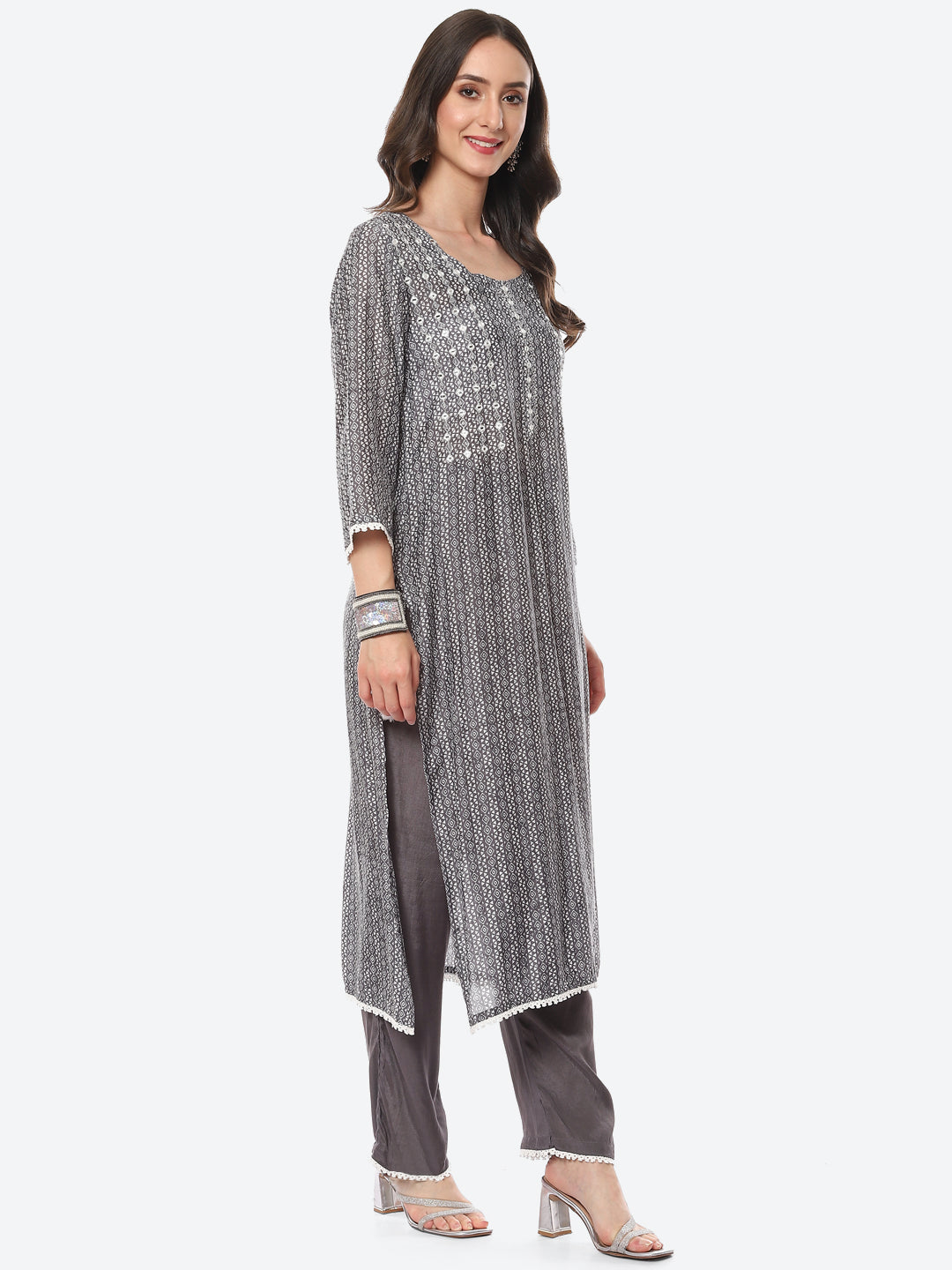 Mirror Neck Embroidered Printed Muslin Kurta With Palazzo