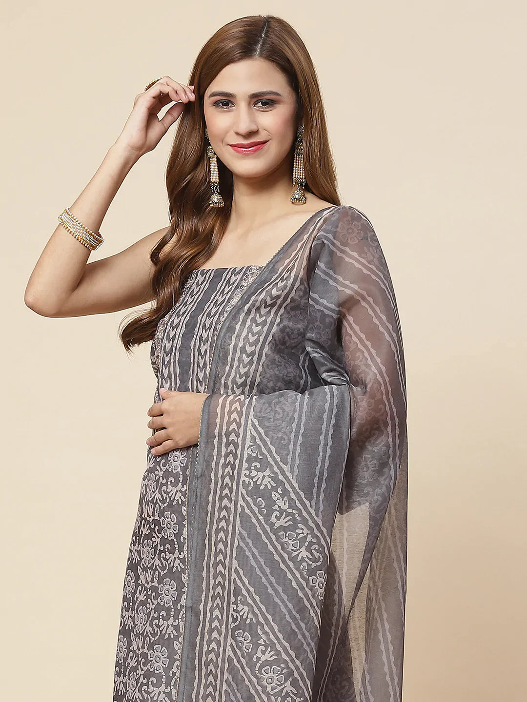 Printed Chanderi Unstitched Suit Piece With Dupatta
