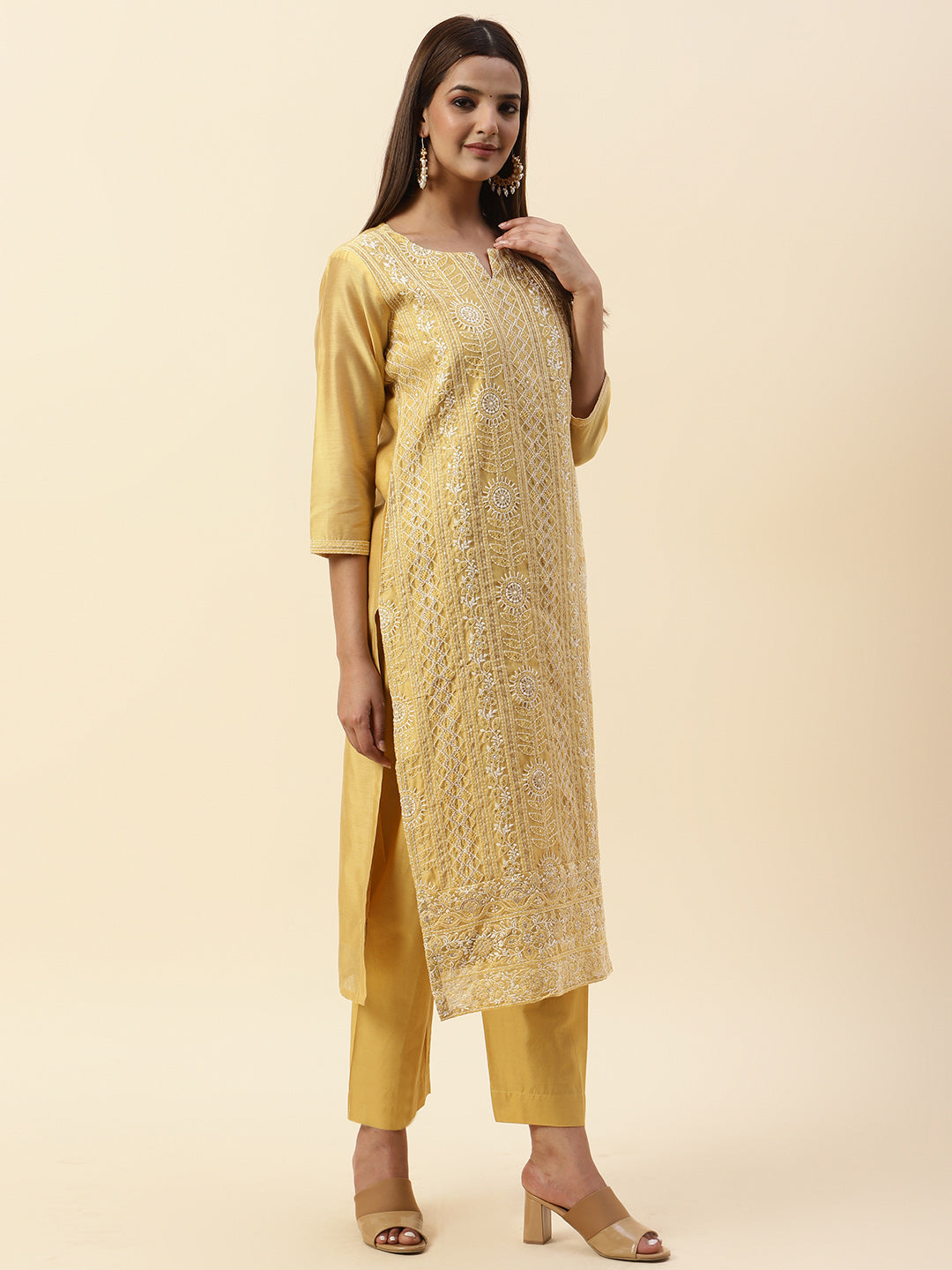 Embroidered Chanderi Kurta With Pants
