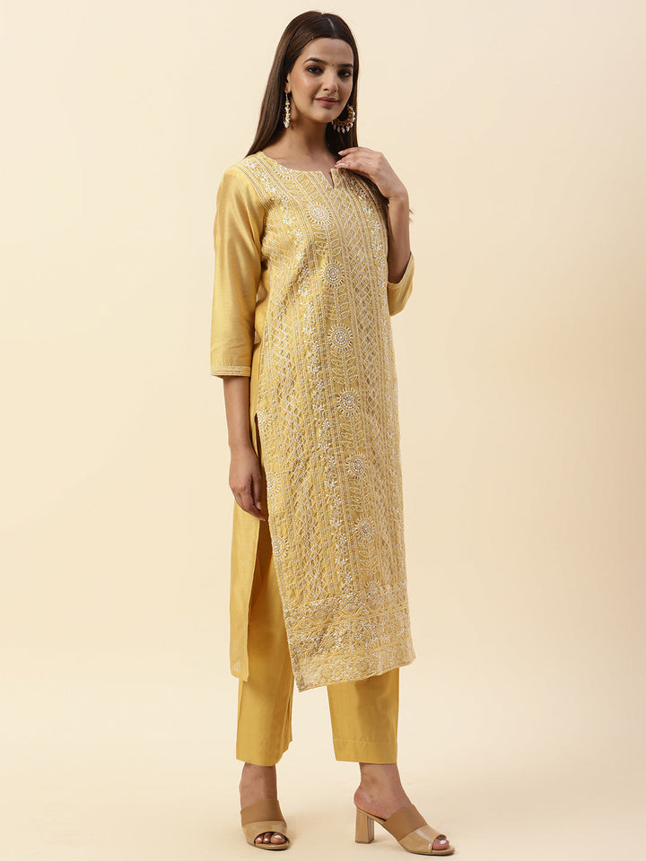 Embroidered Chanderi Kurta With Pants