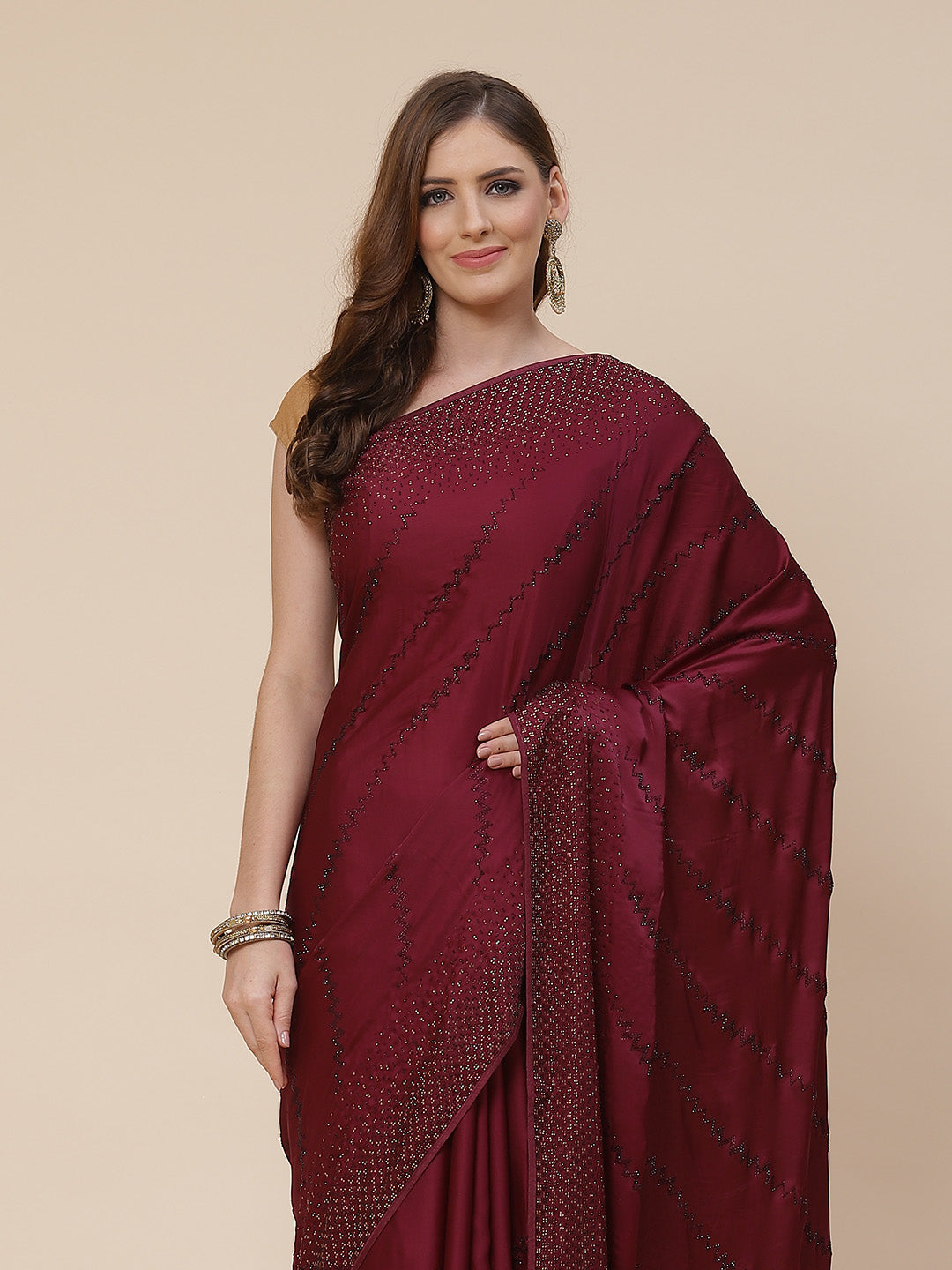 Stone Work Handloom Pure Satin Embroidered Saree