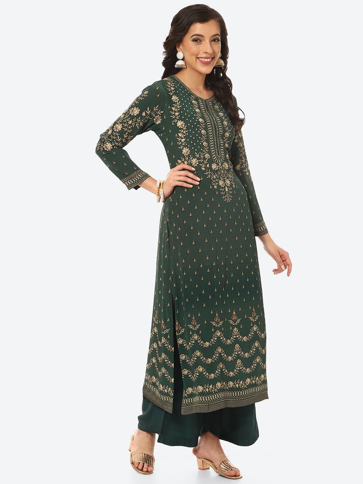 Floral Digital Printed Crepe Kurta With Palazzo &amp; Georgette Dupatta