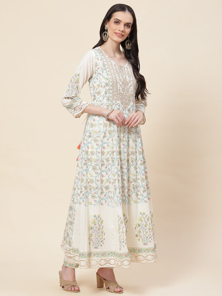 Floral Printed Cotton Kurta With Pants &amp; Dupatta