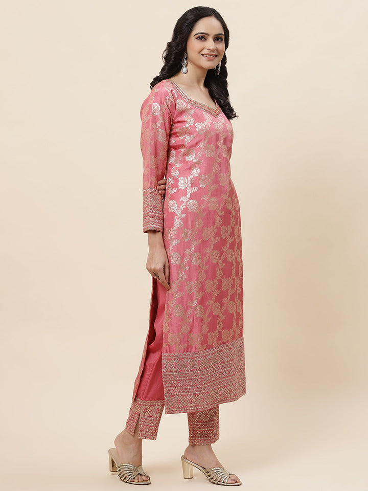 Floral Woven Handloom Kurta With Pants &amp; Dupatta