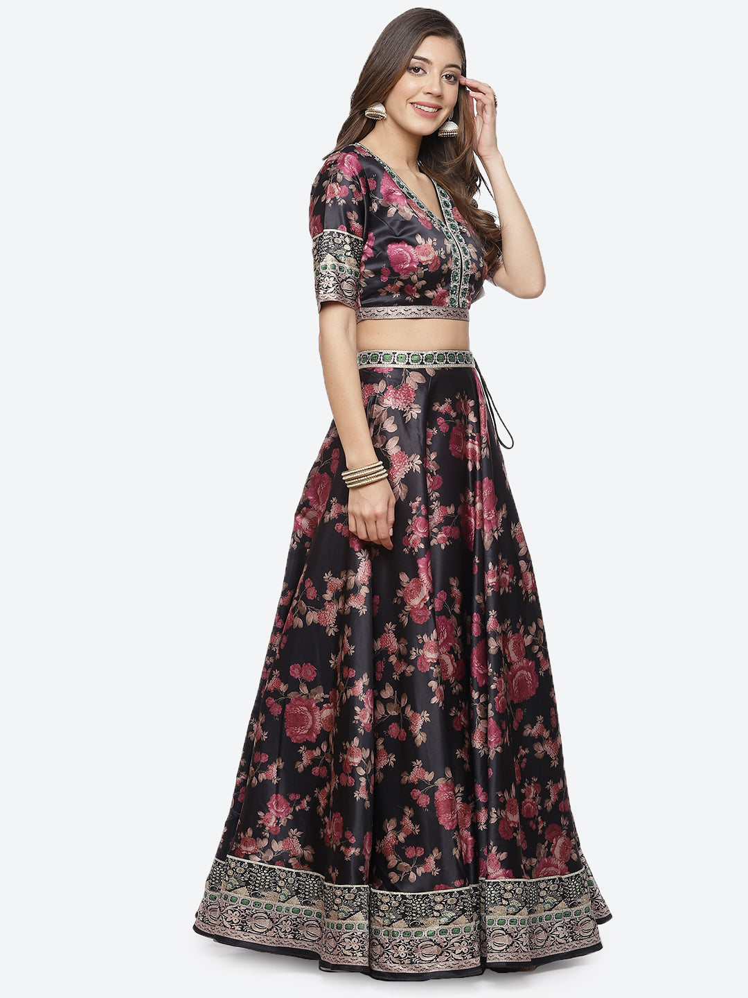 Floral Printed Satin Choli With Lehenga &amp; Net Dupatta