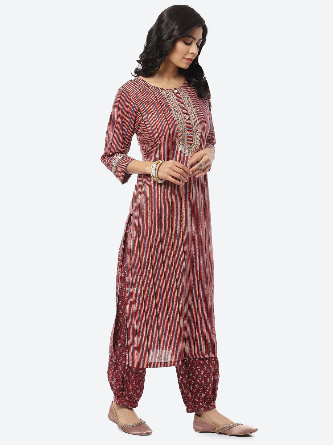 Printed Zari Neck Cotton Kurti With Afghani Pant