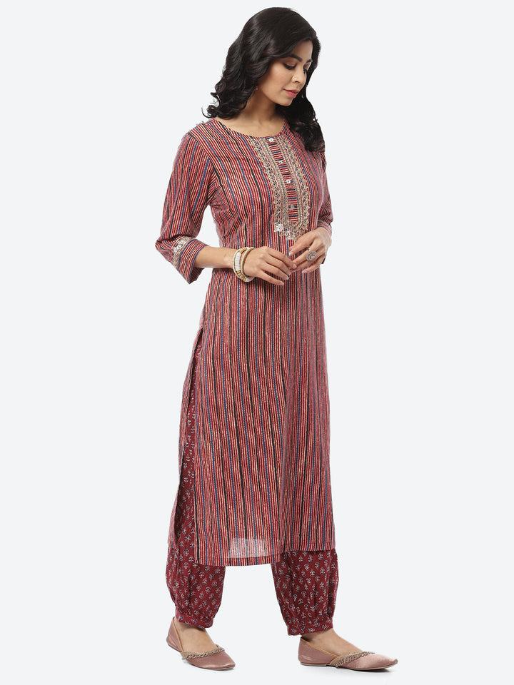 Printed Zari Neck Cotton Kurti With Afghani Pant