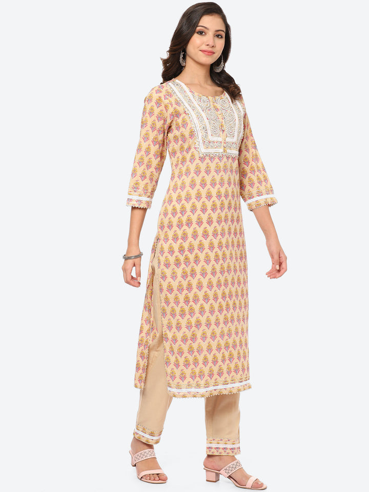 Zari Neck Embroidered Cotton Kurta With Palazzo