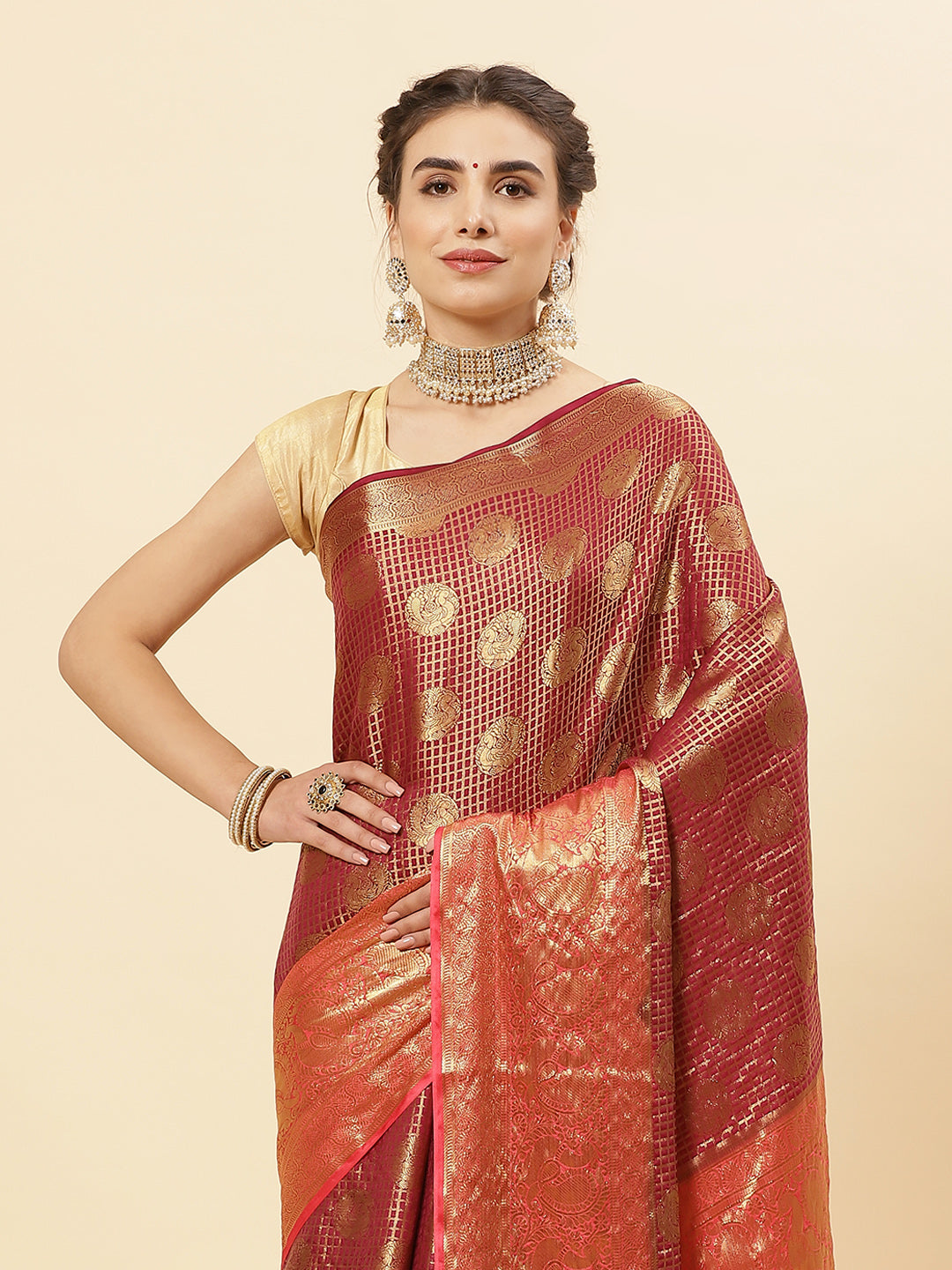 Brocade Zari Jaal Art Handloom Saree With Running Blouse