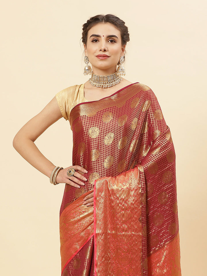 Brocade Zari Jaal Art Handloom Saree With Running Blouse