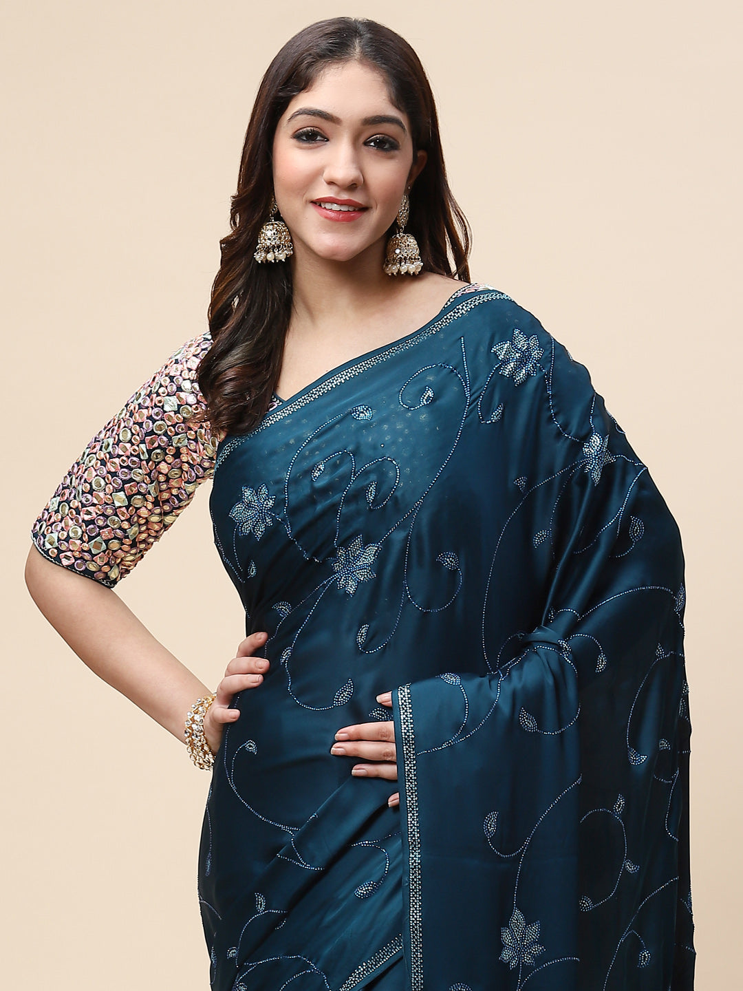 Stone Jaal Embroidered Satin Saree