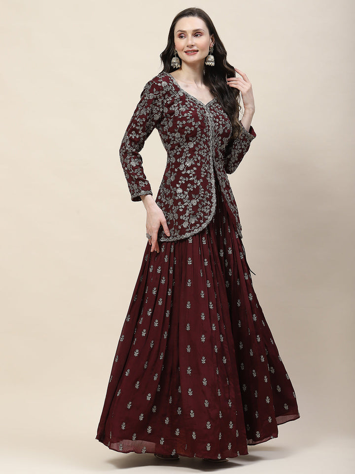 Sequin Zari Embroidered Georgette Choli With Lehenga &amp; Dupatta