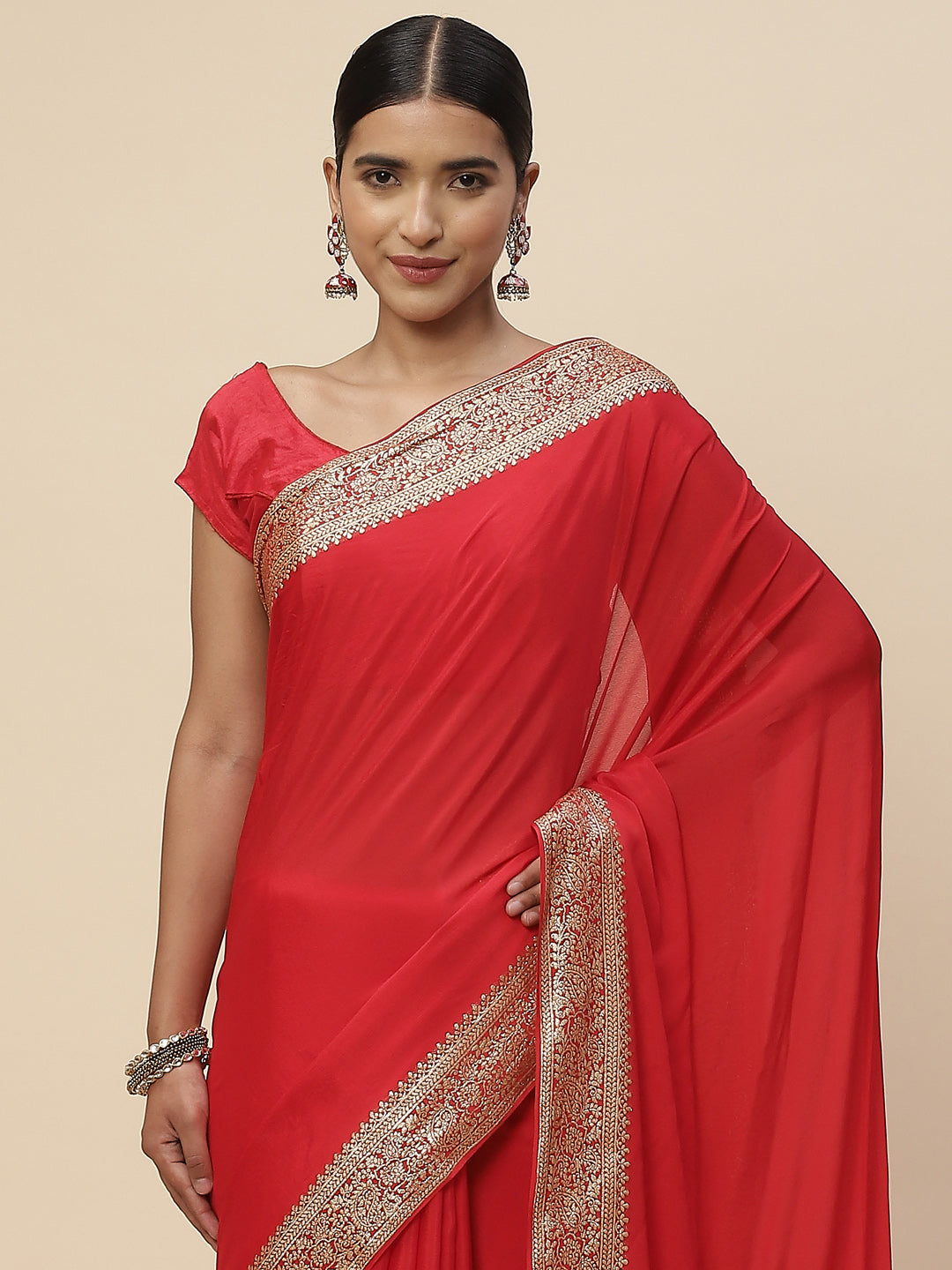 Zari Border Crepe Plain Saree