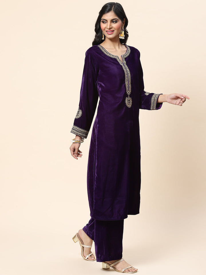 Zari Embroidered Velvet Kurta With Palazzo