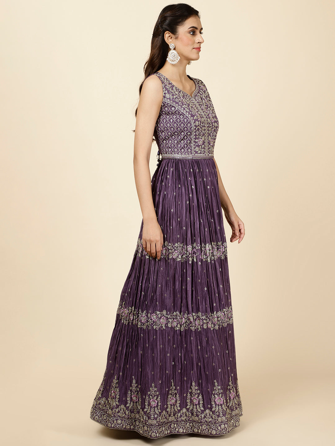 Resham Embroidered Crepe Kurta With Churidar &amp; Dupatta