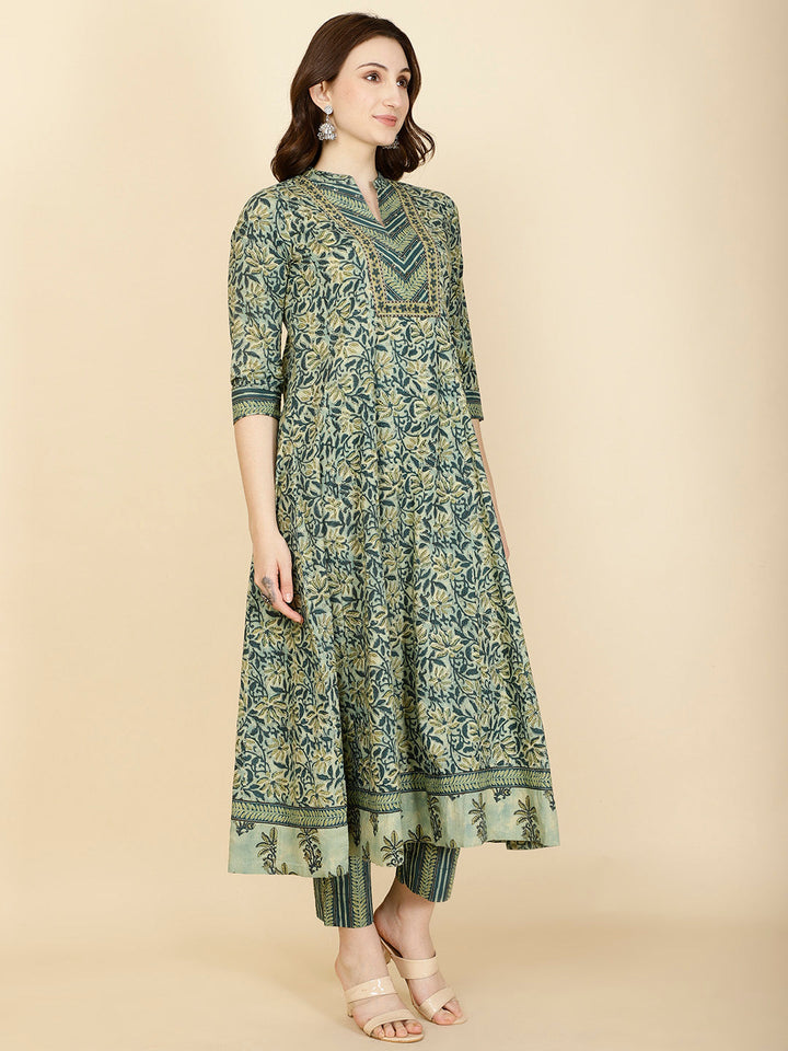 Floral Printed Cotton Anarkali Kurta With Pants &amp; Dupatta