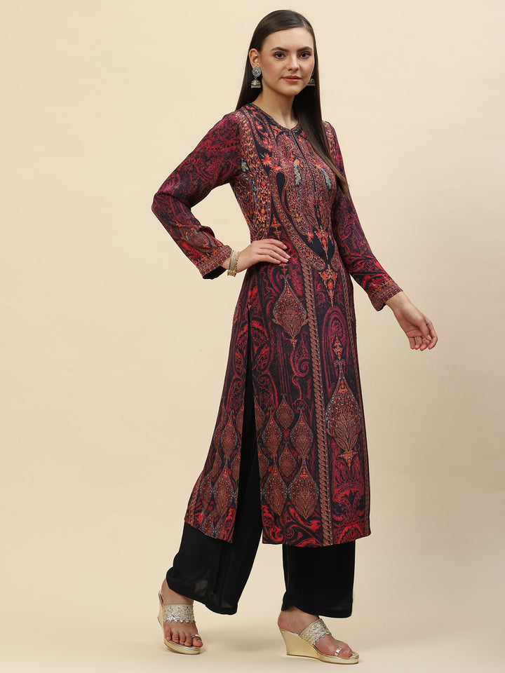 Floral Digital Printed Crepe Kurta With Palazzo &amp; Net Dupatta