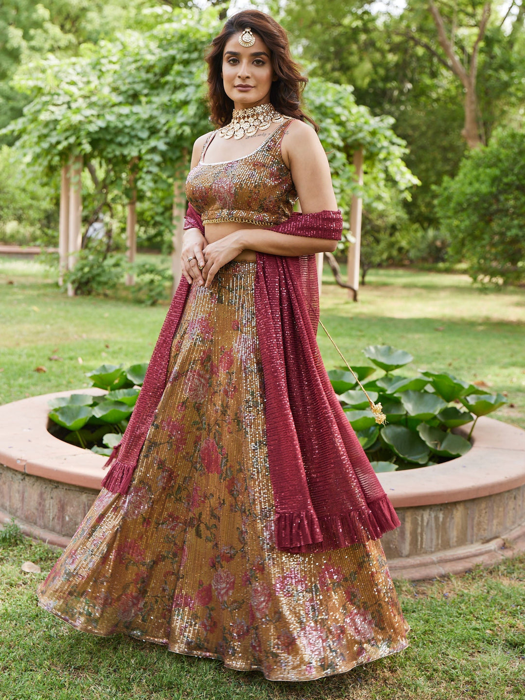 Floral Sequin Net Choli With Lehenga &amp; Net Dupatta