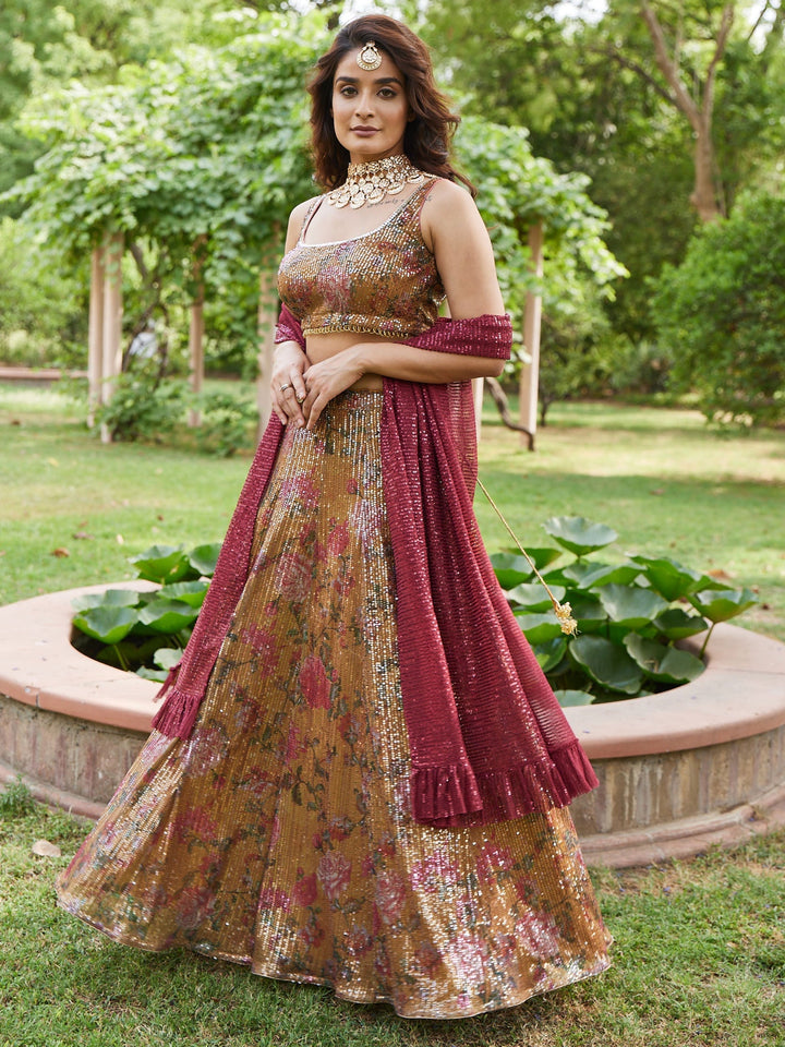 Floral Sequin Net Choli With Lehenga &amp; Net Dupatta