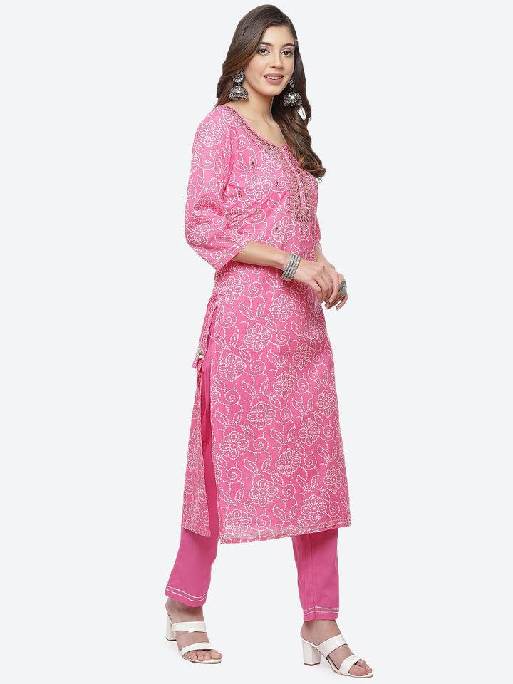 Resham Mirror Booti Cotton Kurta With Pant &amp; Chinone Dupatta