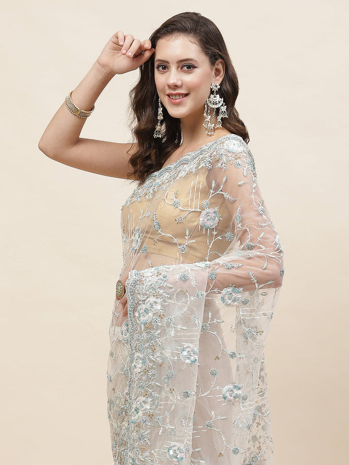 Resham Jaal Embroidery Net Saree