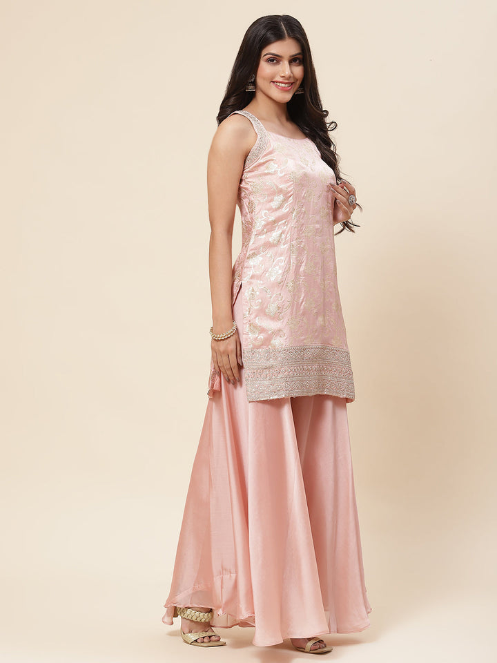 Floral Woven Georgette Kurta With Sharara &amp; Dupatta