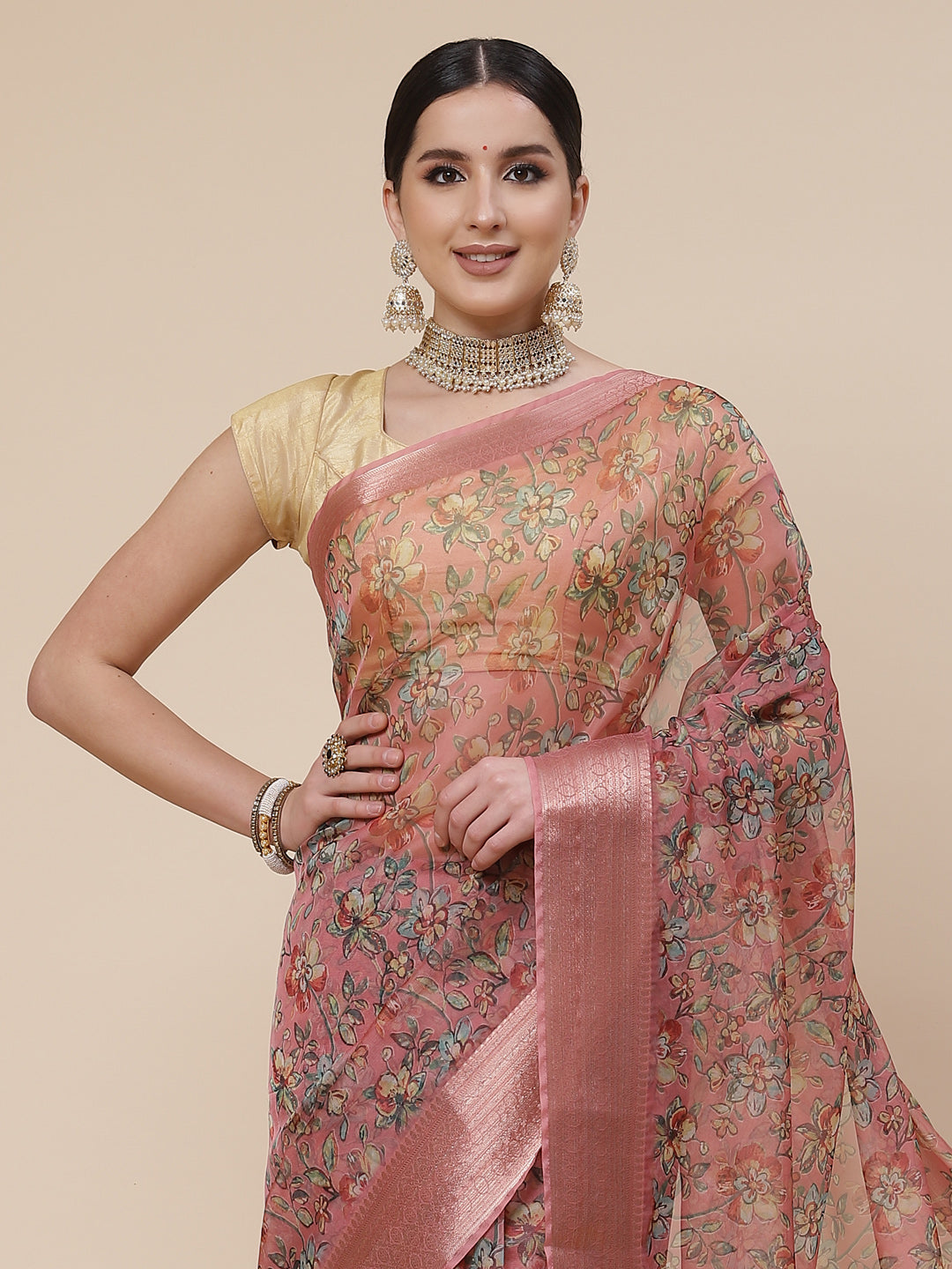 Floral Digital Printed Zari Border Organza Saree