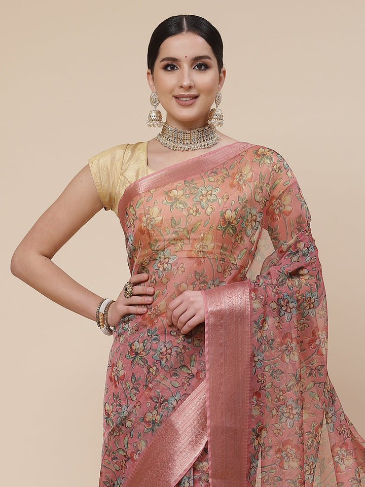 Floral Digital Printed Zari Border Organza Saree