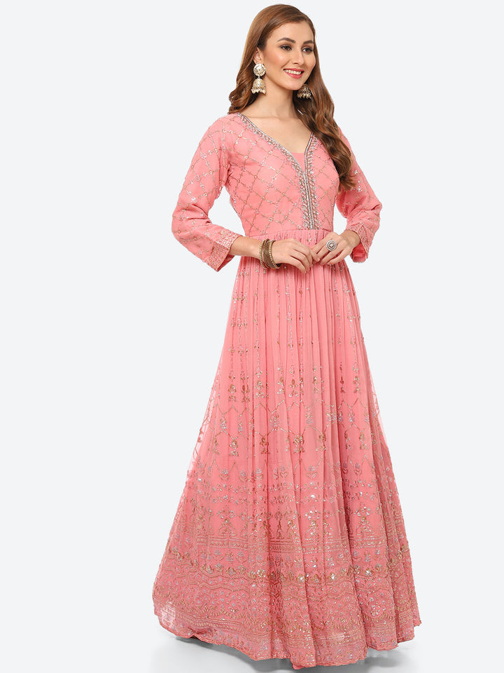 Sequin Work Georgette Anarkali Kurta With Churidar &amp; Net Dupatta