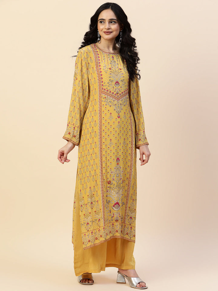 Digital Printed Crepe Kurta With Palazzo &amp; Dupatta