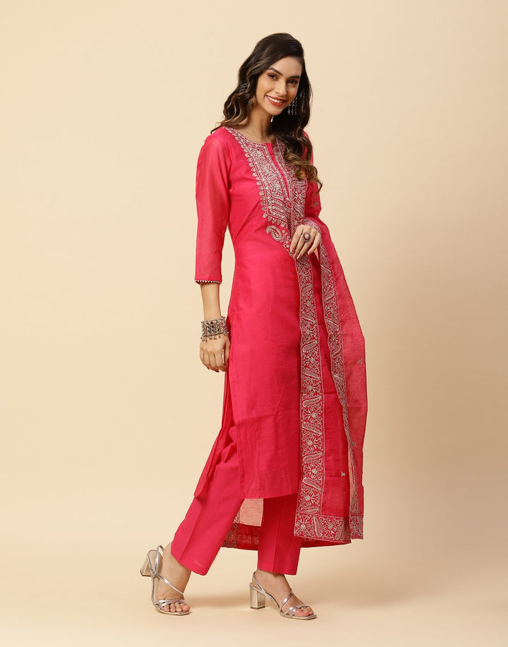 Embroidered Cotton Chanderi Salwar Kameez Stitched Suit With Chanderi Dupatta