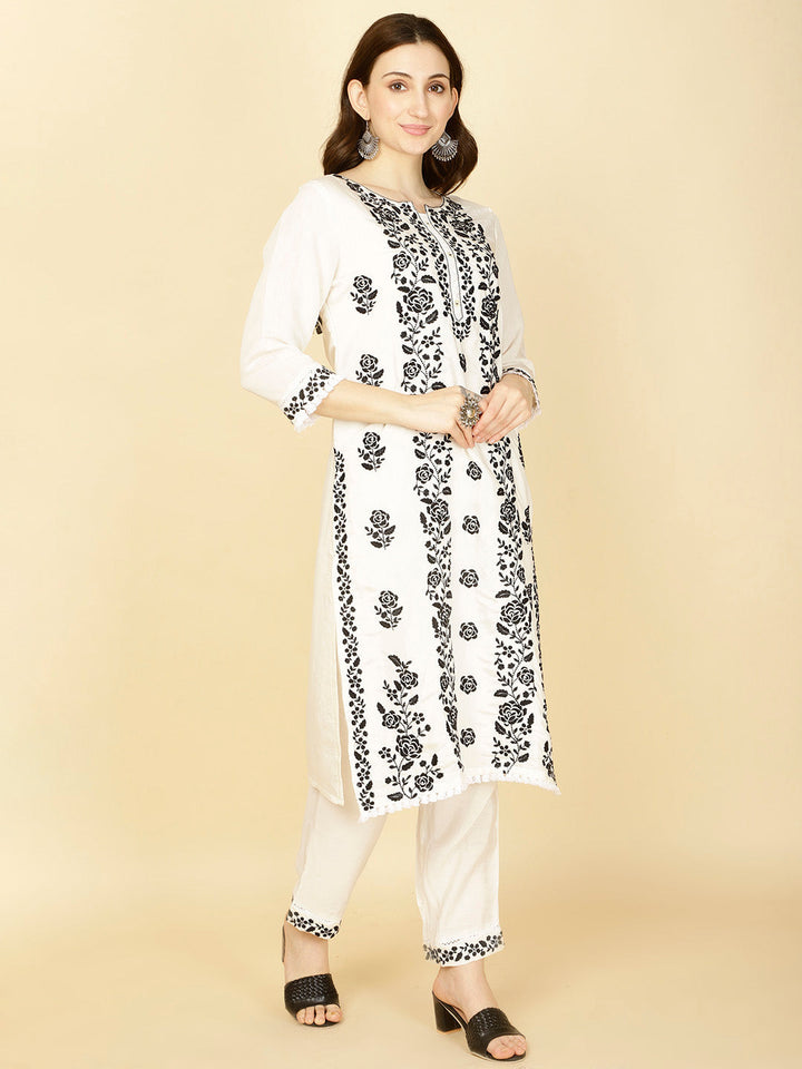 Resham Embroidery Cotton Kurta With Pants &amp; Dupatta