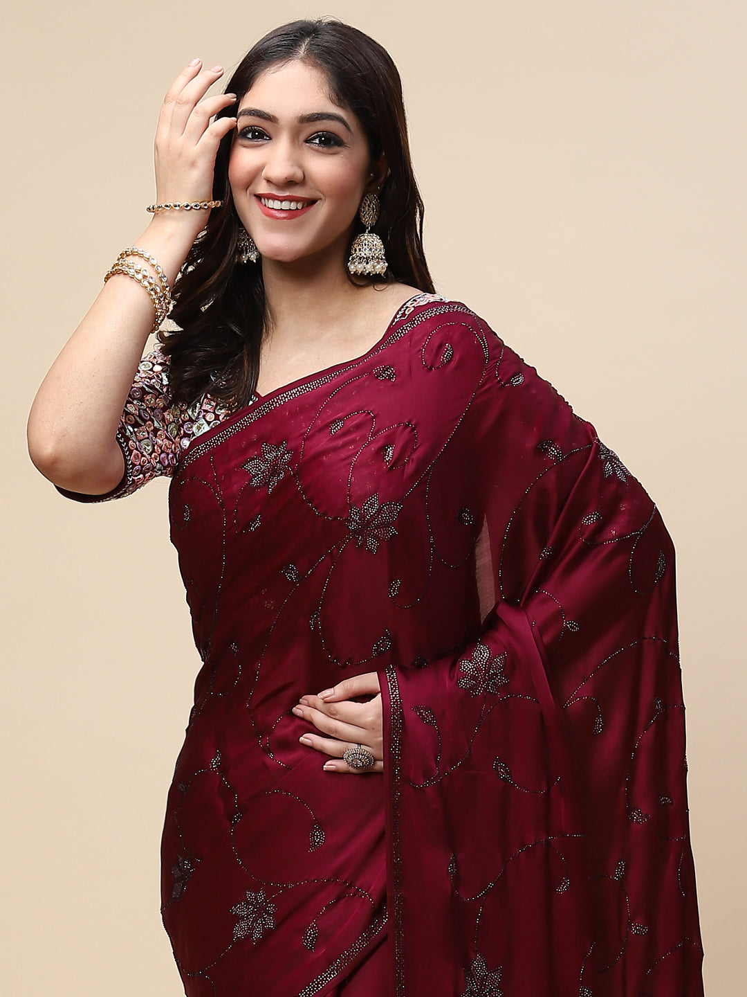Stone Jaal Embroidered Satin Saree