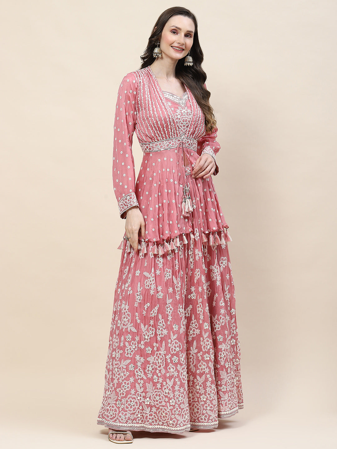 Resham Jaal Embroidery Crepe Choli  Jacket With Lehenga &amp; Dupatta