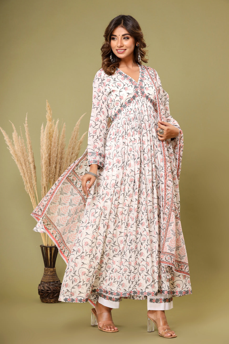 Printed Cotton Kurta With Pants &amp; Dupatta