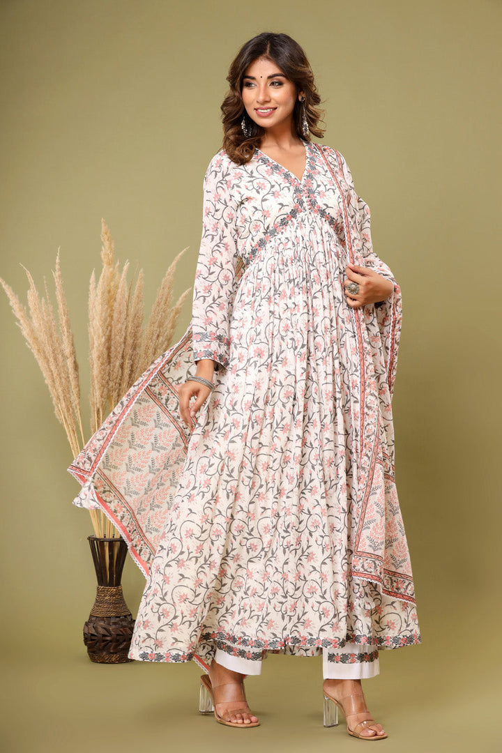 Printed Cotton Kurta With Pants &amp; Dupatta