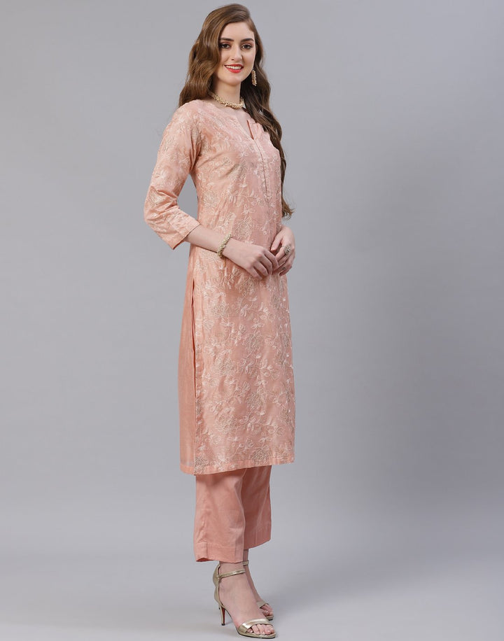 Peach and Sea Green Cotton Chanderi Salwar Kameez Stitched Suit