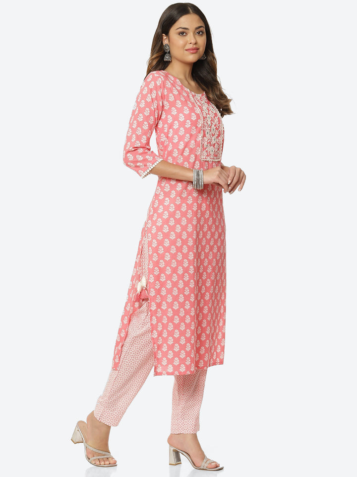 Floral Printed Cotton Kurta With Pant &amp; Dupatta
