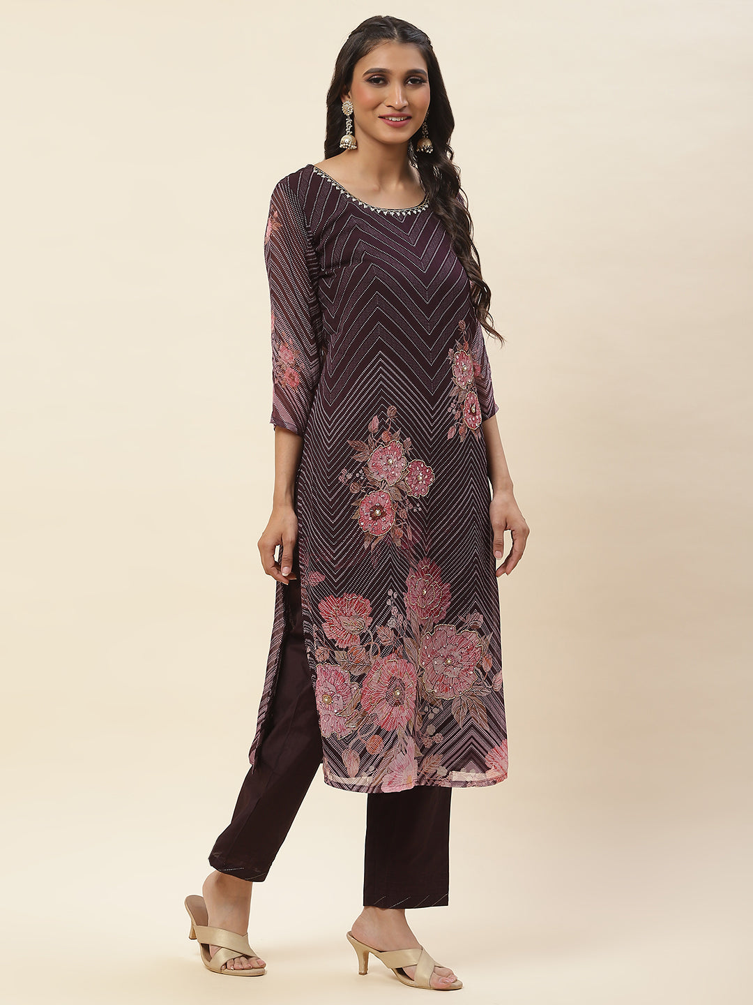 Floral Printed Georgette Kurta With Pants &amp; Dupatta